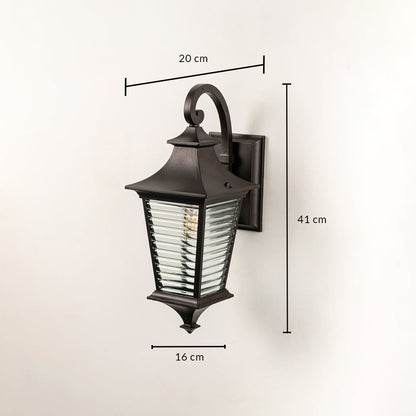 Dimensions of lantern wall light shown as 41 cm height 20 cm depth and 16 cm width for accurate fitting and placement.