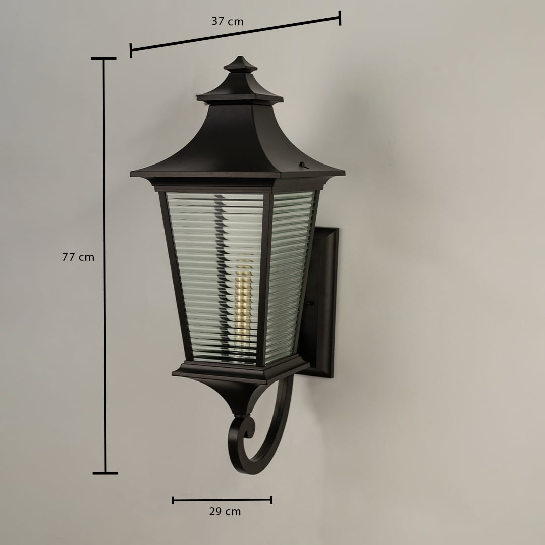 Dimension image of the black outdoor wall lantern showing a height of 77 cm a width of 37 cm and a projection of 29 cm.