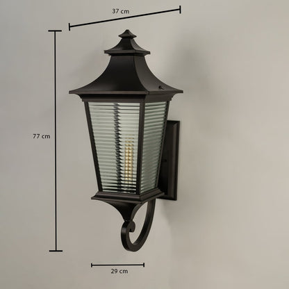 Dimension image of the black outdoor wall lantern showing a height of 77 cm a width of 37 cm and a projection of 29 cm.
