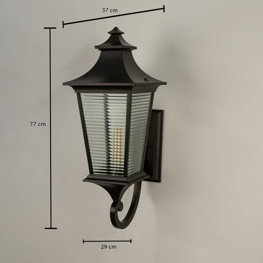Dimension image of the black outdoor wall lantern showing a height of 77 cm a width of 37 cm and a projection of 29 cm.