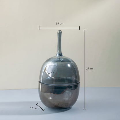 Tall grey glass jar with 27 cm height and 15 cm width shown clearly with sleek lid for decorative interior styling.