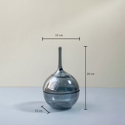 Glossy grey glass jar with tall lid shown with 20 cm height and 15 cm width measurements for stylish home decor.