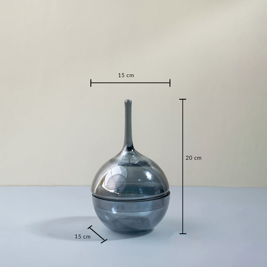 Glossy grey glass jar with tall lid shown with 20 cm height and 15 cm width measurements for stylish home decor.