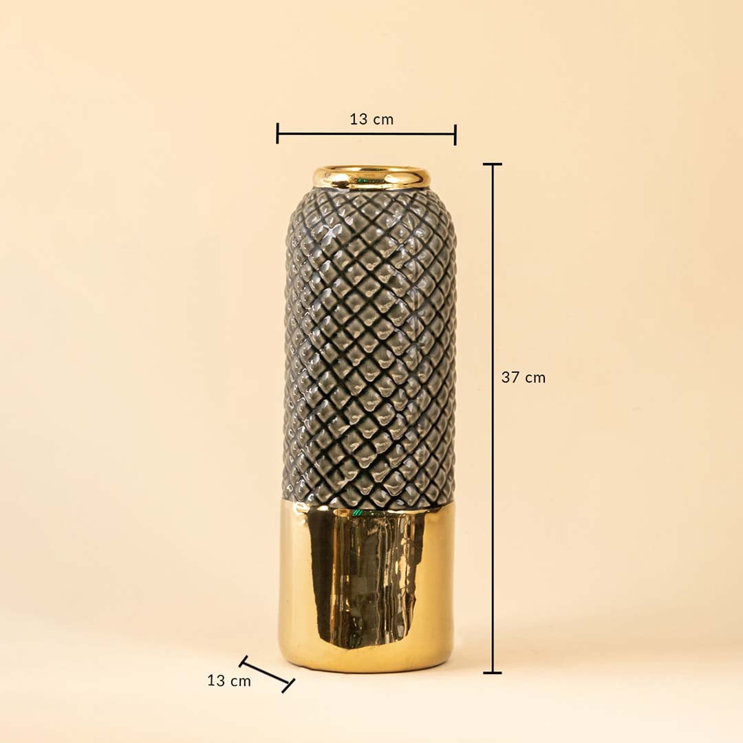A tall grey textured vase with gold base shown on a white background with dimensions clearly marked as 37 cm height 13 cm width and 13 cm base diameter in a clean product view.