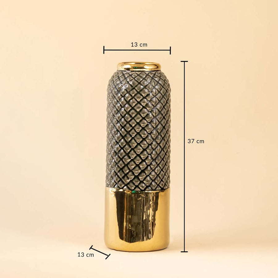 A tall grey textured vase with gold base shown on a white background with dimensions clearly marked as 37 cm height 13 cm width and 13 cm base diameter in a clean product view.