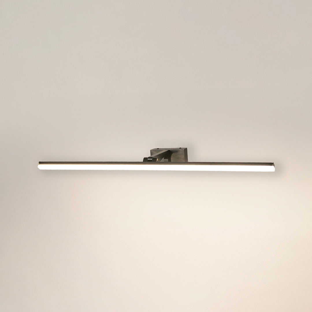 Minimal wall light in chrome metal finish with linear bar design for bathroom or vanity decor lighting white background.