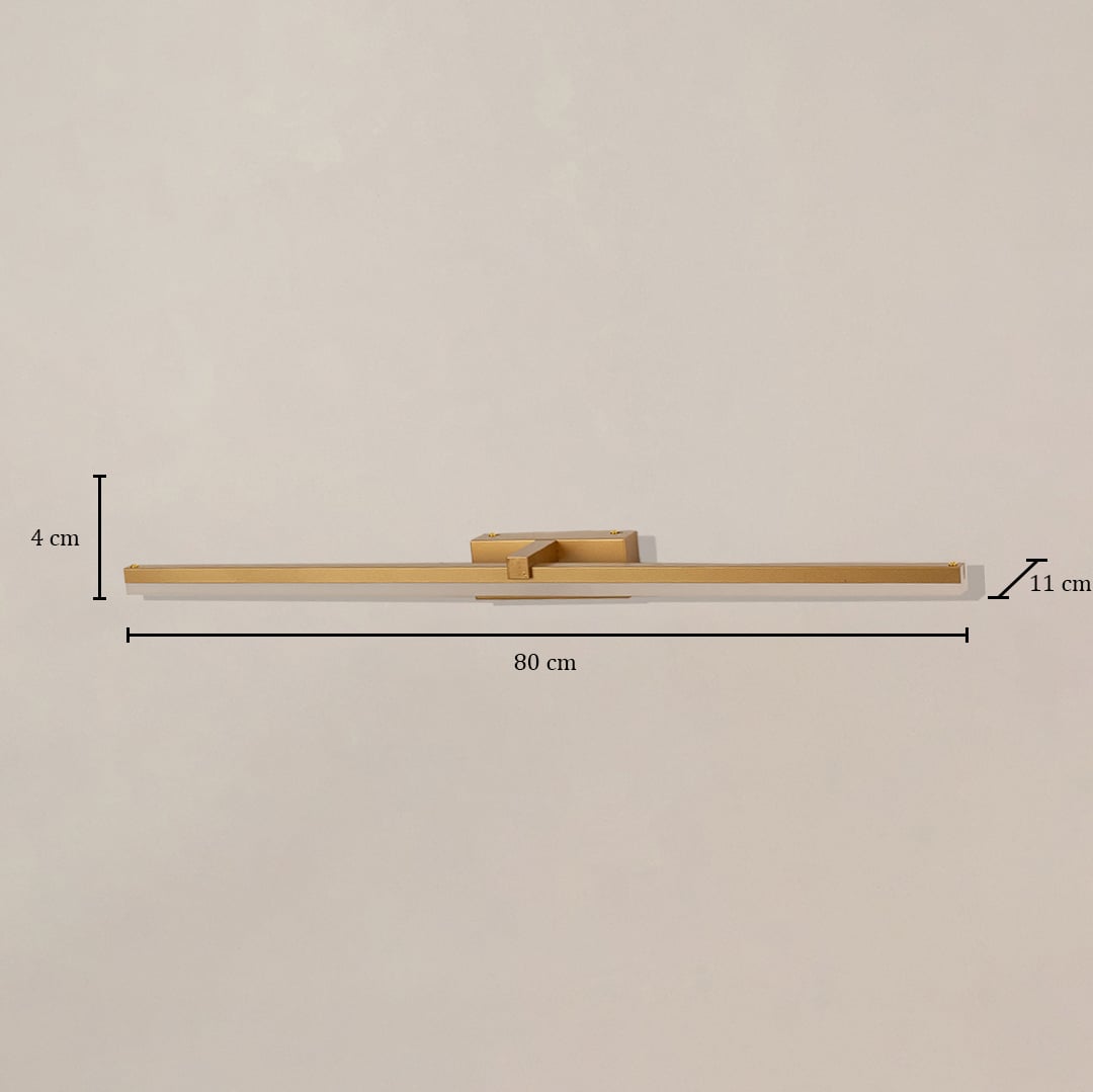 Gold metal picture light with 80 cm width 11 cm depth and 4 cm height shown clearly for accurate wall placement.