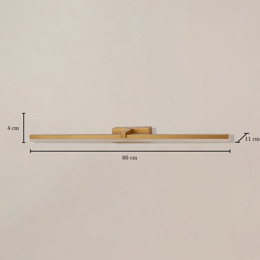 Gold metal picture light with 80 cm width 11 cm depth and 4 cm height shown clearly for accurate wall placement.