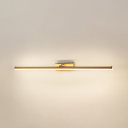 Modern wall light in gold metal finish with linear bar design for bathroom or vanity decor lighting white background.