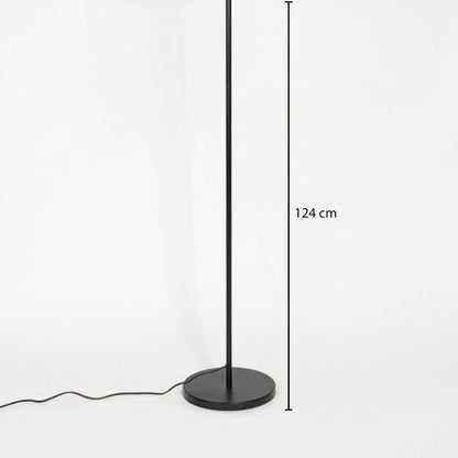 Modern floor lamp with round base and clean vertical profile 124 cm shown on white background emphasizing sleek form refined finish and contemporary decor appeal.