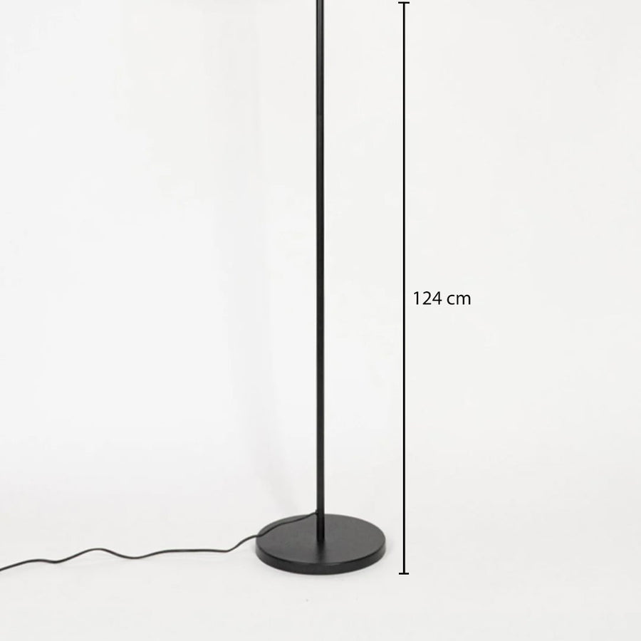 Modern floor lamp with round base and clean vertical profile 124 cm shown on white background emphasizing sleek form refined finish and contemporary decor appeal.