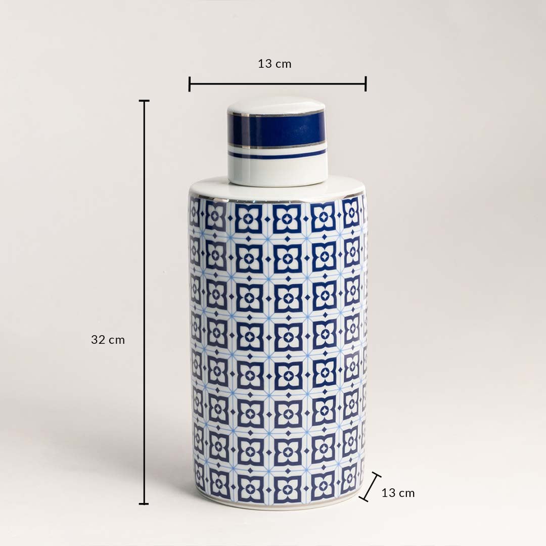 Blue patterned ceramic jar with 32 cm height and 13 cm width shown with measurement details.