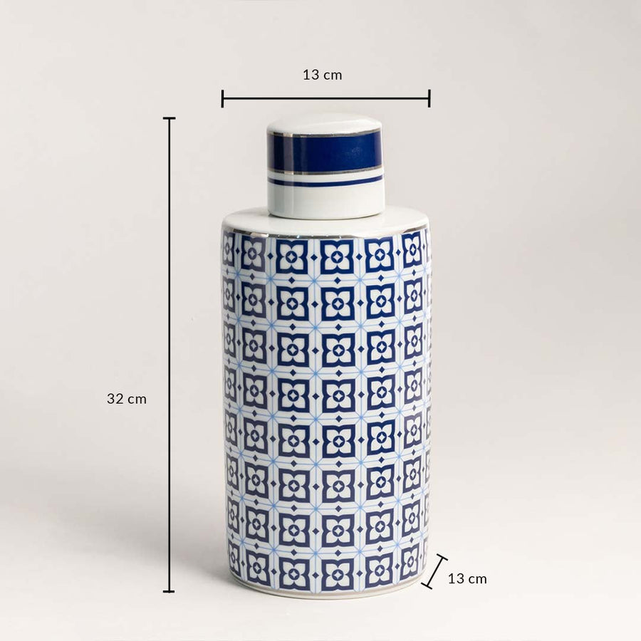 Blue patterned ceramic jar with 32 cm height and 13 cm width shown with measurement details.