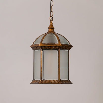 Antique hanging lantern light turned off on a white background showing its elegant metal dome and frosted glass panels in a clean studio setting.