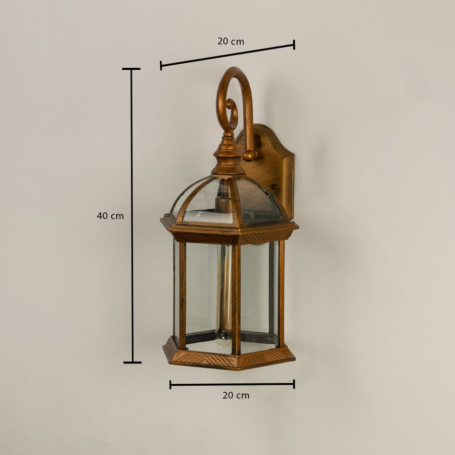 Outdoor wall lantern in antique gold metal with clear glass shown with dimensions 40 cm height 20 cm width and 20 cm depth for accurate exterior lighting planning.