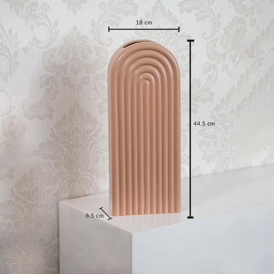 Dimension image of fluted terracotta pink ceramic arch vase with vertical ribs showing 44.5 cm height and 18 cm width.