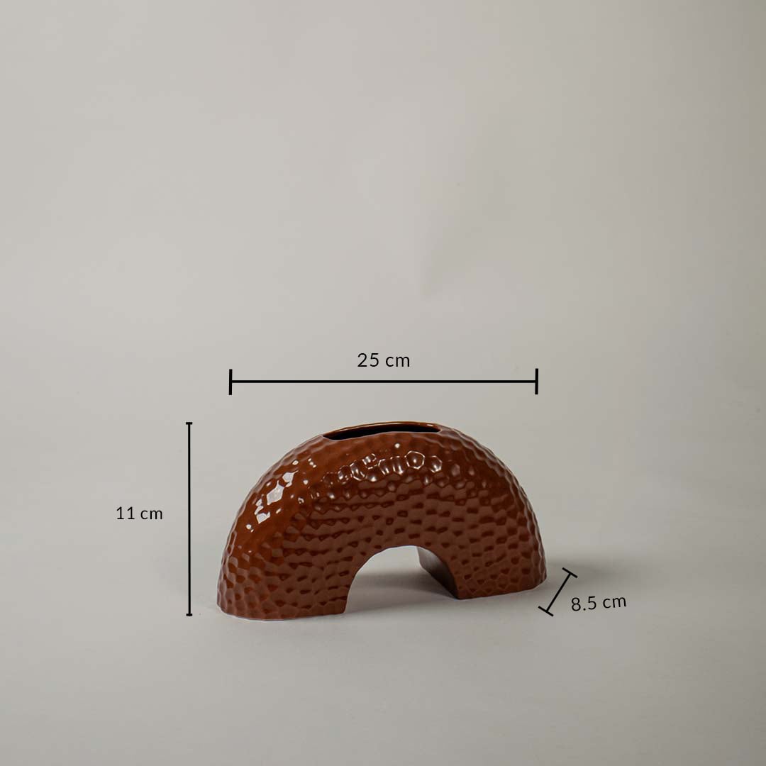 Dimension image of the brown arched ceramic vase showing height 11 cm  width 25 cm  and depth 8.5 cm against a white background.