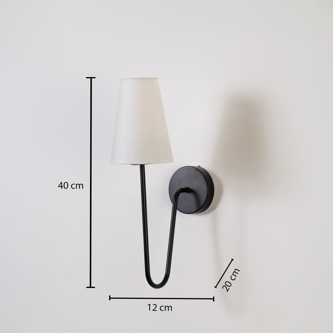Black wall light with white shade shown with 40 cm height 12 cm width and 20 cm depth offering a clear size guide for modern home lighting.
