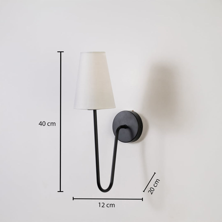 Black wall light with white shade shown with 40 cm height 12 cm width and 20 cm depth offering a clear size guide for modern home lighting.