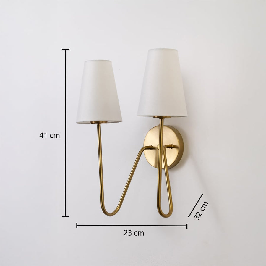 Gold double wall light with white shades shown with 41 cm height 23 cm width and 32 cm depth offering a clear and accurate size guide.