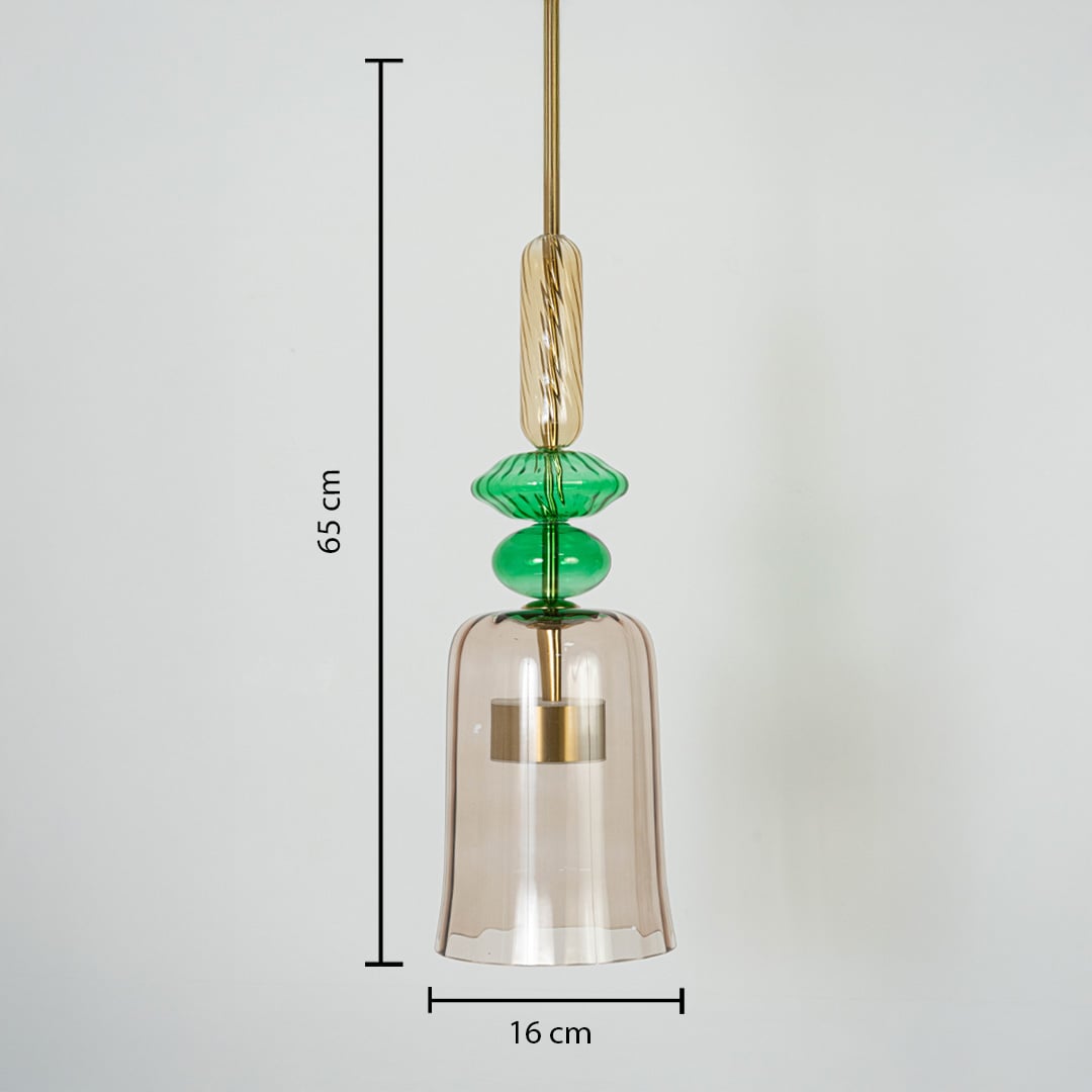 Dimension image of clear glass pendant light with green accents and brass finish showing 66 cm height and 16 cm width.