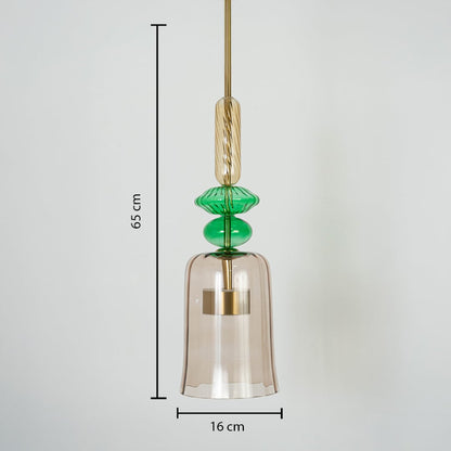Dimension image of clear glass pendant light with green accents and brass finish showing 66 cm height and 16 cm width.