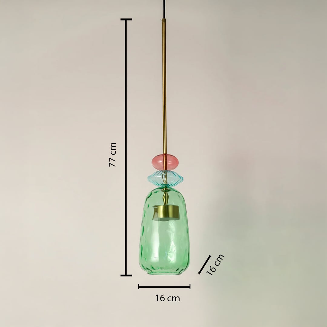 Dimension image of green glass pendant light with pink accent and brass stem showing 77 cm height and 16 cm width.