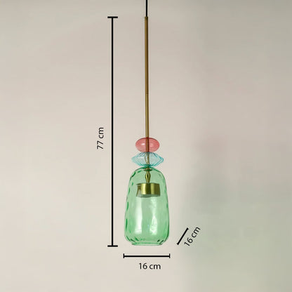 Dimension image of green glass pendant light with pink accent and brass stem showing 77 cm height and 16 cm width.