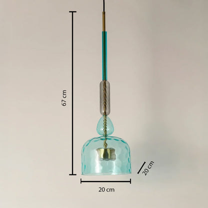 Dimension image of aqua blue glass pendant light with brass accents showing 67 cm height and 20 cm width.