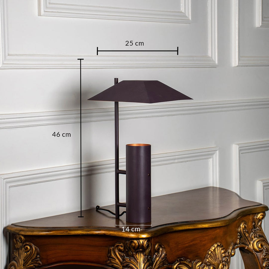 Dark brown metal table lamp with geometric shade measuring 46 cm height and 25 cm width perfect for living room or study decor.