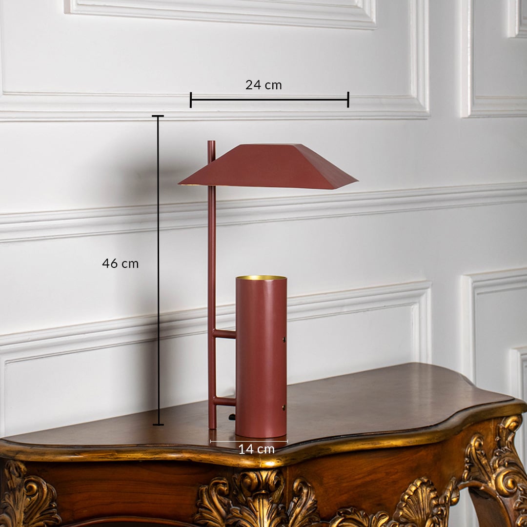 Terracotta brown metal table lamp with geometric shade measuring 46 cm height and 24 cm width ideal for living room or study decor.