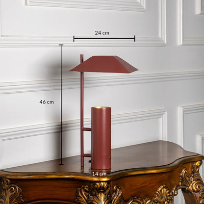 Terracotta brown metal table lamp with geometric shade measuring 46 cm height and 24 cm width ideal for living room or study decor.