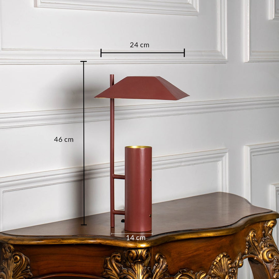 Terracotta brown metal table lamp with geometric shade measuring 46 cm height and 24 cm width ideal for living room or study decor.