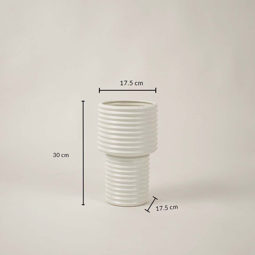 White ribbed ceramic vase measuring 30 cm height and 17.5 cm width shown on white background for decor reference.