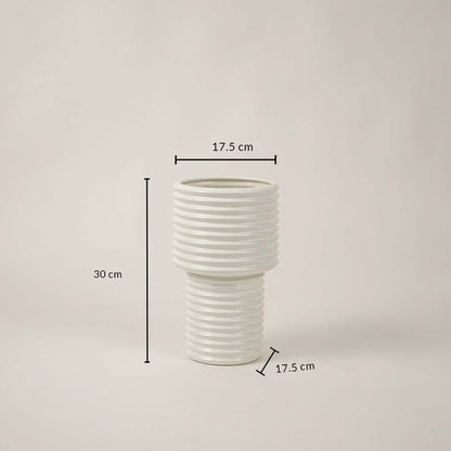 White ribbed ceramic vase measuring 30 cm height and 17.5 cm width shown on white background for decor reference.