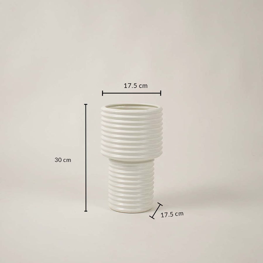 White ribbed ceramic vase measuring 30 cm height and 17.5 cm width shown on white background for decor reference.