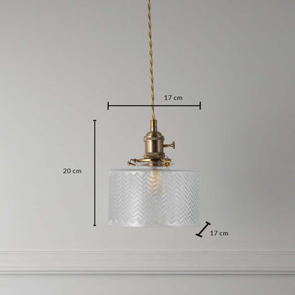 Clear textured glass and brass pendant light dimension image with 17 cm width and 20 cm height for luxury bedside placement.