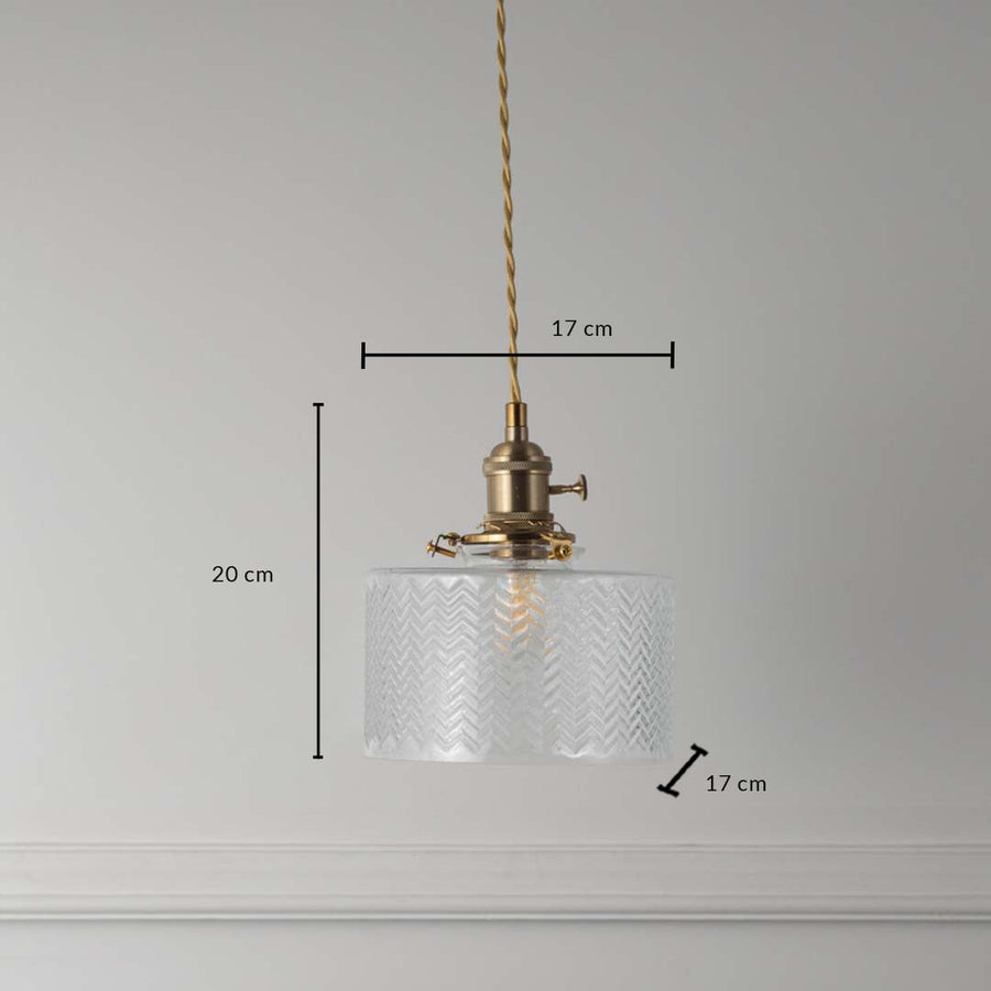 Clear textured glass and brass pendant light dimension image with 17 cm width and 20 cm height for luxury bedside placement.
