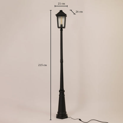Traditional black outdoor post light with ribbed glass measuring 215cm height 21cm lantern width and 26cm lantern depth shown.