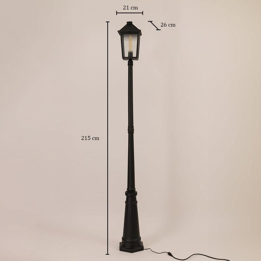 Traditional black outdoor post light with ribbed glass measuring 215cm height 21cm lantern width and 26cm lantern depth shown.