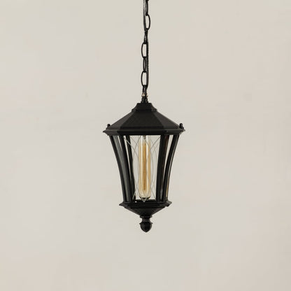 A black hanging outdoor lantern displayed on a plain white background with the light turned off highlighting its curved metal frame and clear glass panels.