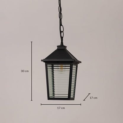 Traditional black outdoor pendant lantern with ribbed glass measuring 30cm height 17cm width and 17cm depth specifications shown.