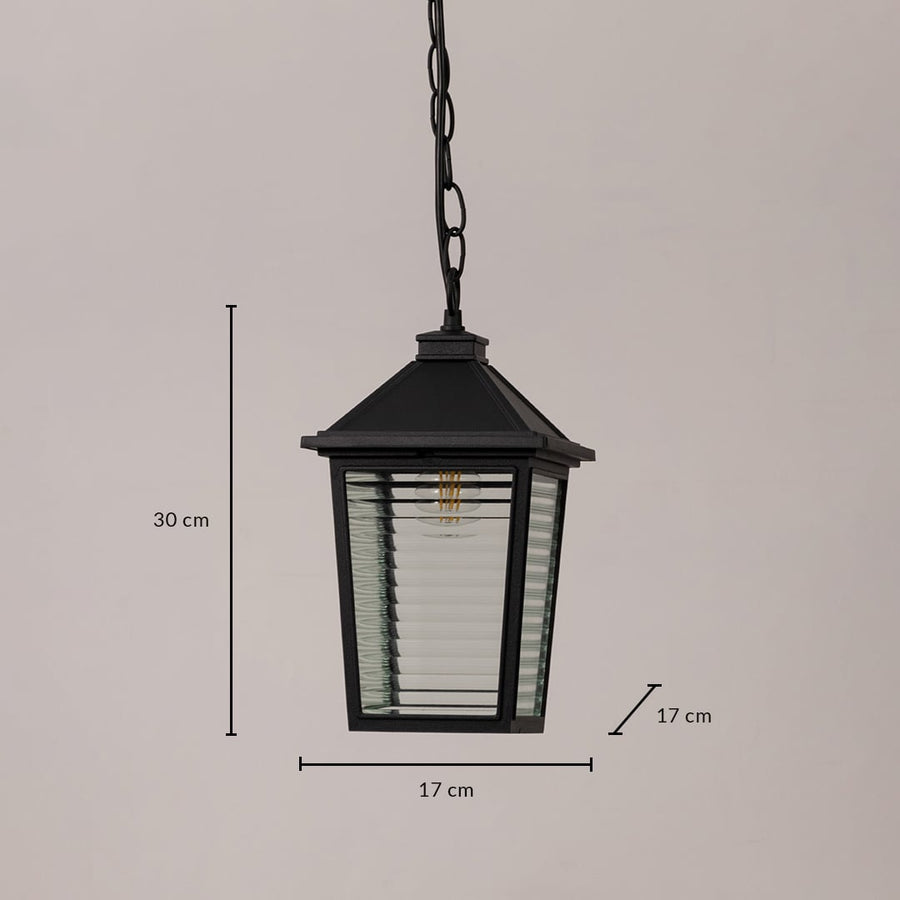 Traditional black outdoor pendant lantern with ribbed glass measuring 30cm height 17cm width and 17cm depth specifications shown.