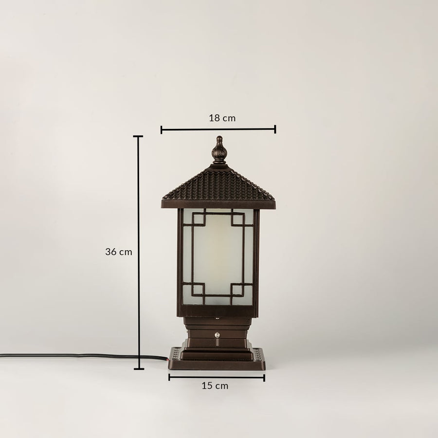 Black traditional post lantern Dimensions Image 34 cm height 17 cm top width 15 cm base width perfect for outdoor pillar mounting.