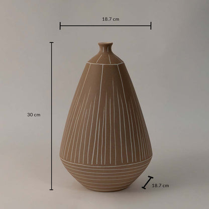 Brown ceramic vase with white striped design shown with 30 cm height and 18.7 cm diameter perfect for stylish home interior.