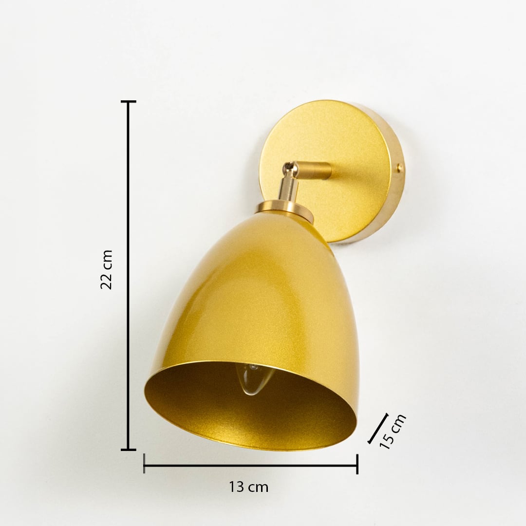 Table lamp dimension image showing gold metal wall light with 22 cm height 13 cm width and 15 cm depth for indoor wall placement.
