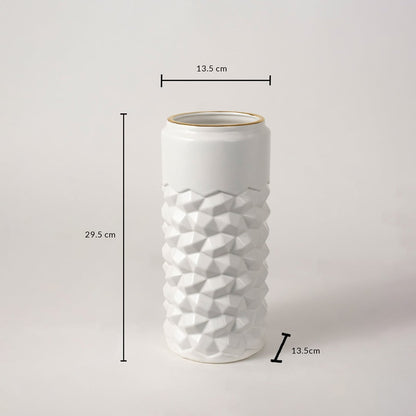 White textured ceramic vase shown with measurements 29.5 cm height and 13.5 cm width providing accurate size details for decor planning.