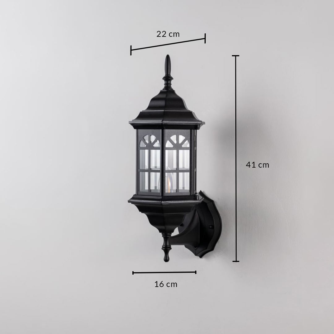 Lantern wall light with size dimensions 41 cm height 22 cm depth and 16 cm width is shown on white background.