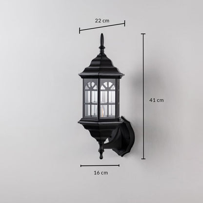 Lantern wall light with size dimensions 41 cm height 22 cm depth and 16 cm width is shown on white background.