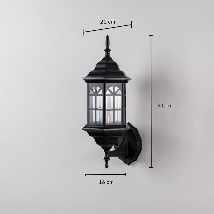 Lantern wall light with size dimensions 41 cm height 22 cm depth and 16 cm width is shown on white background.